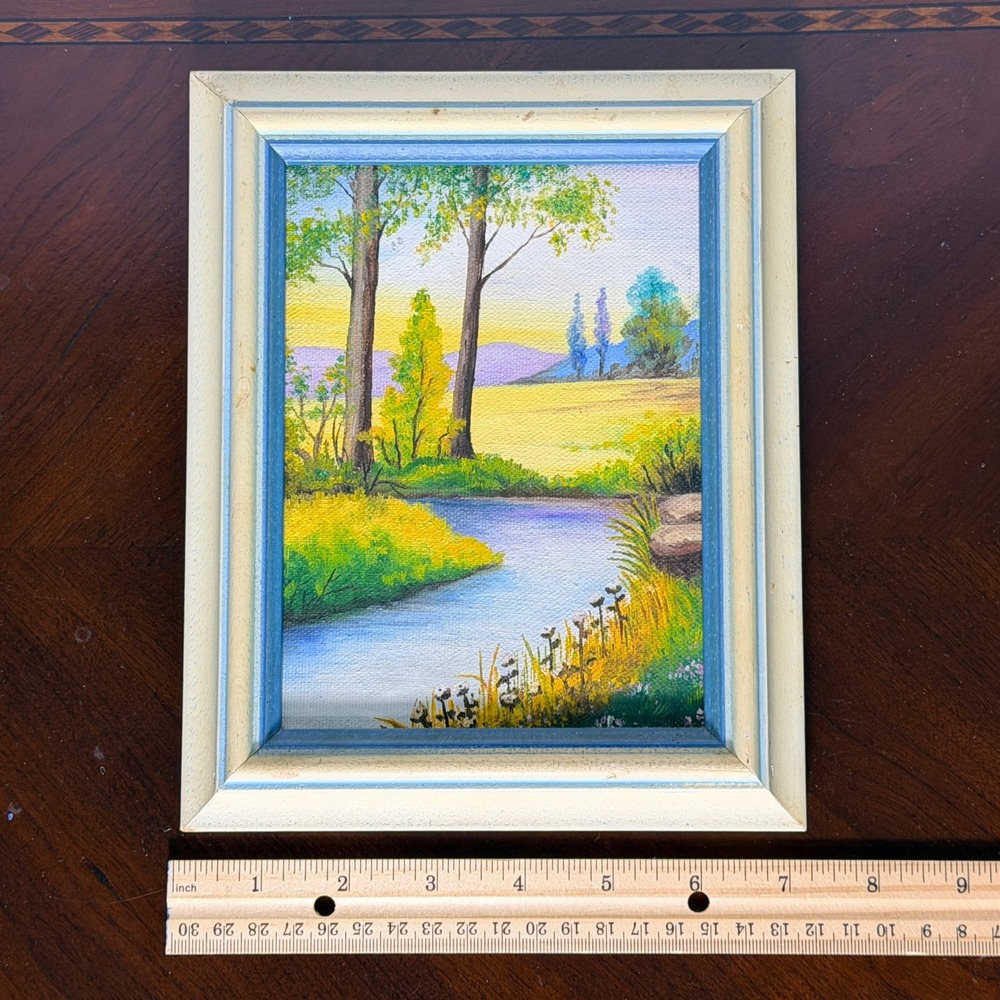 Vintage Pair Hand Painted Canvas Landscape Art Framed Lake River Scenes - Picture 5 of 13